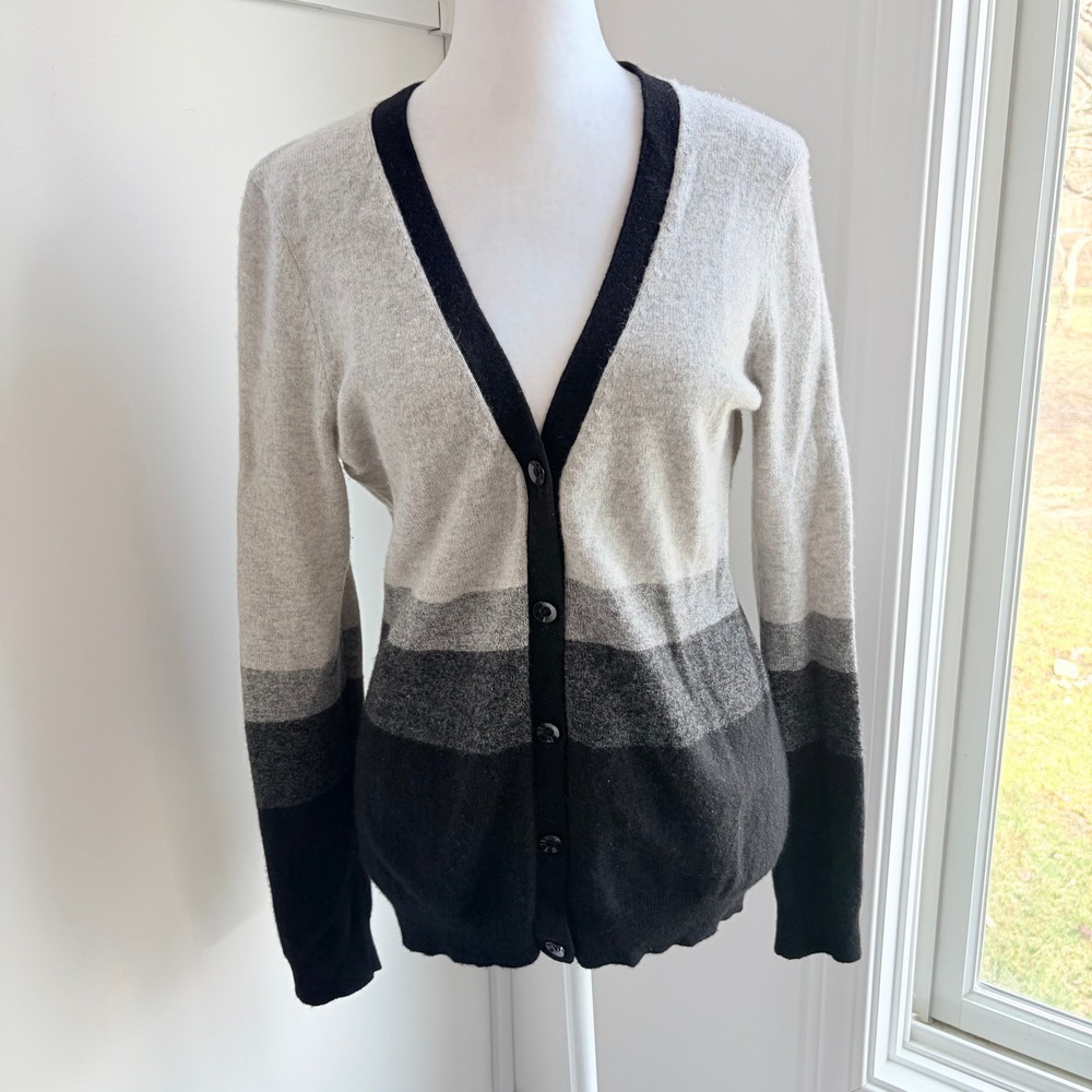 Charter Club Cashmere Cardigan Small Minimalist Grey Black‎ Ombre V-Neck Sweater